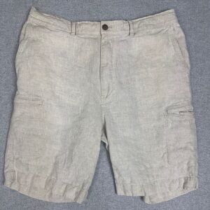 Caribbean Shorts Mens 40 Beige 100% Linen 10"‎ Cargo Elastic Waist Casual Preppy